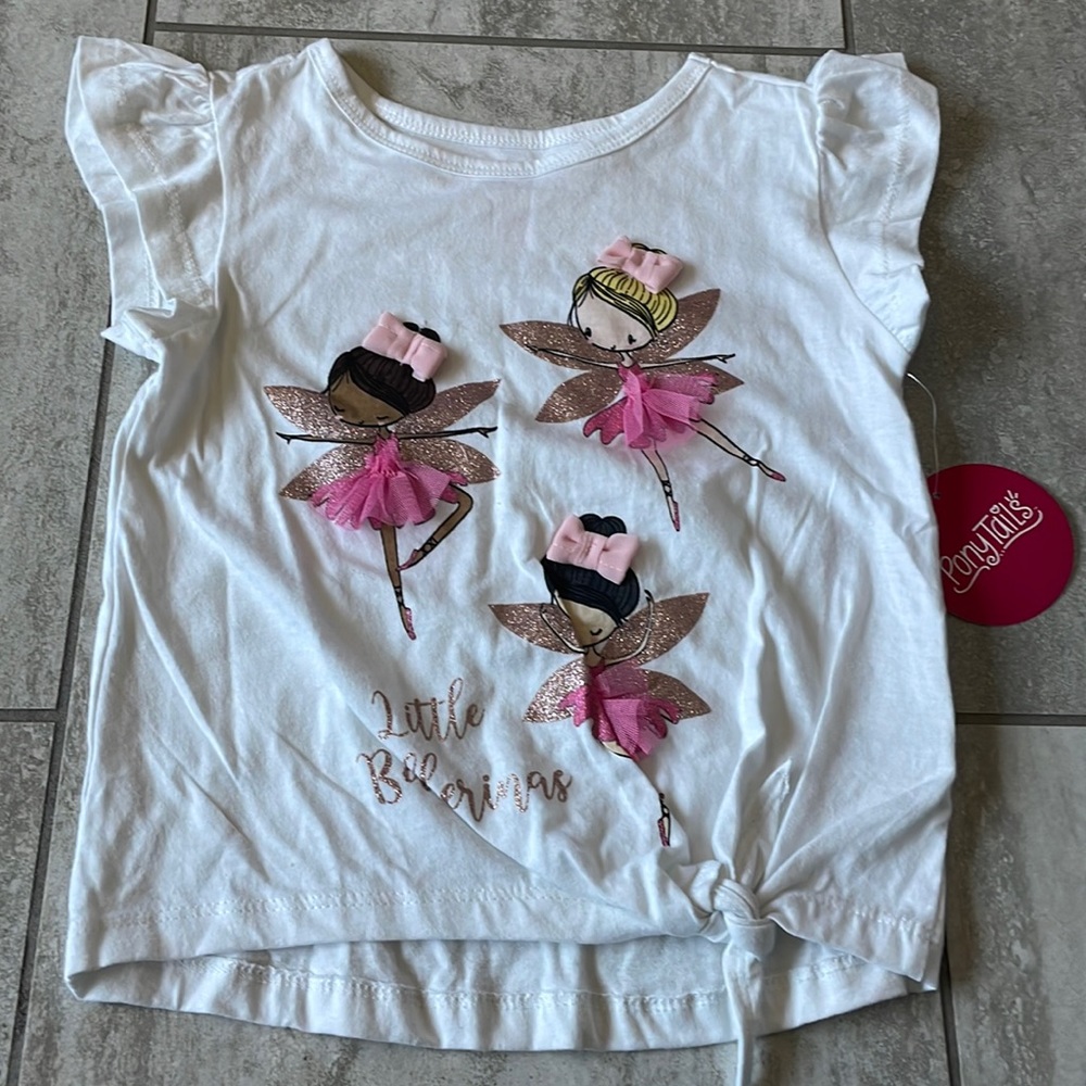 Ponytails,S(4)white with 3ballerinas,round neck and butterfly sleeves,for girls